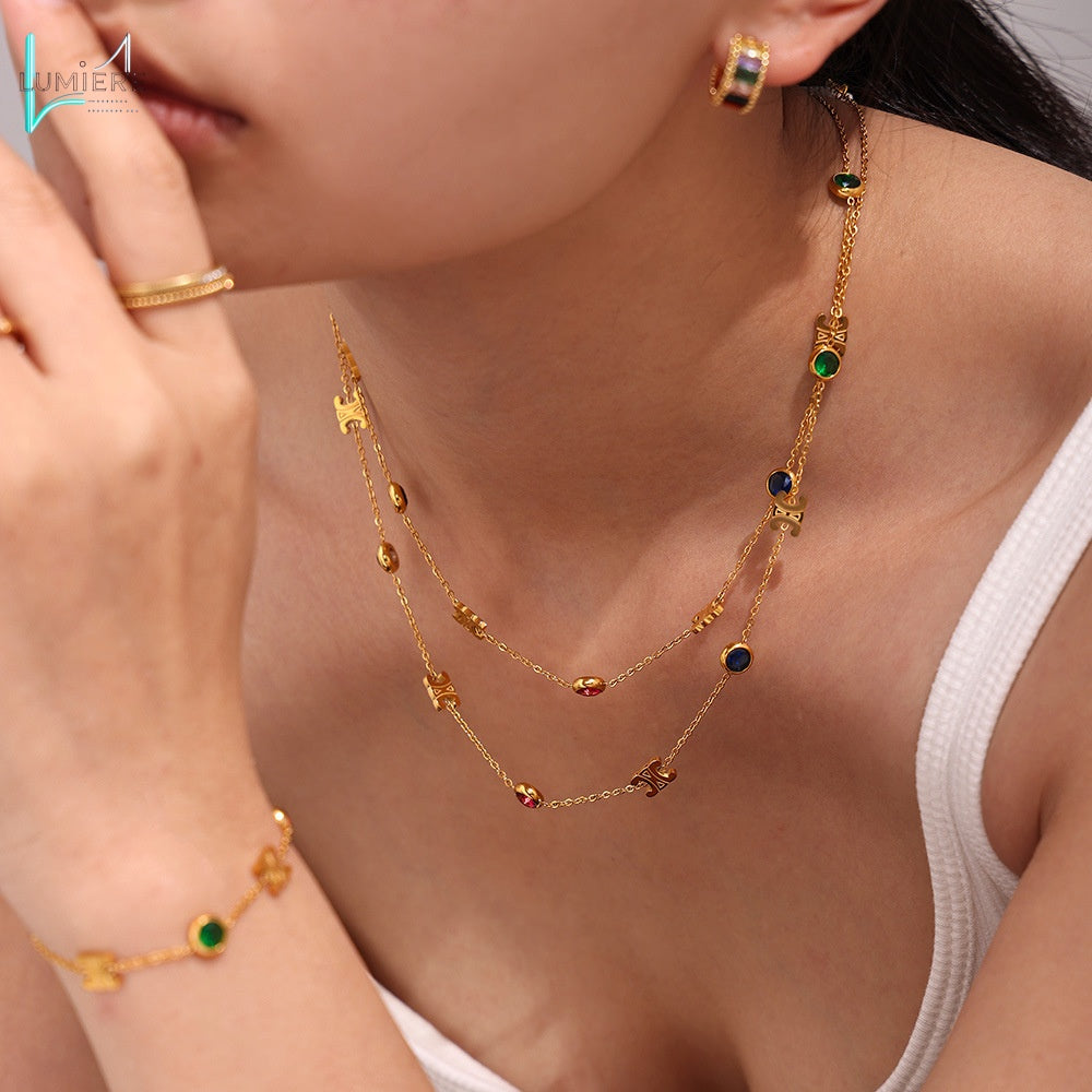 Color PVD electroplated genuine gold stainless steel zircon necklace bracelet set