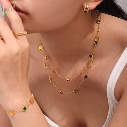 Color PVD electroplated genuine gold stainless steel zircon necklace bracelet set