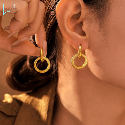 Stainless steel PVD electroplated double ring threaded earrings