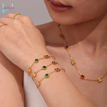 Color PVD electroplated genuine gold stainless steel zircon necklace bracelet set