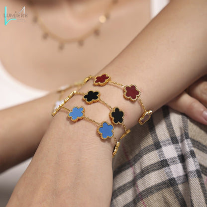 Multi colored agate five leaf flower stainless steel bracelet