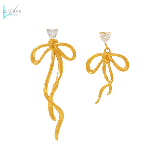Zircon ribbon bow tassel earrings
