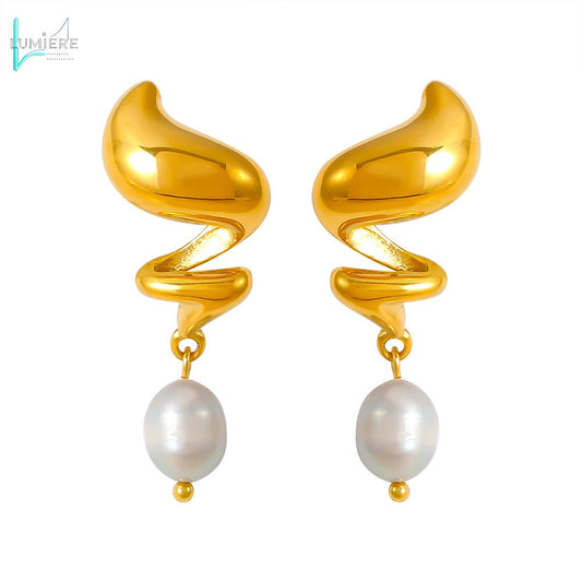 Stainless steel 18k gold spiral freshwater pearl earrings