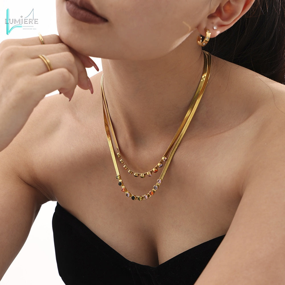 Colorful zircon 18K gold necklace bracelet