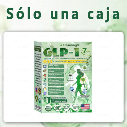 Cleansing® GLP-1 7-Day Intestinal Cleansing and Slimming Oral Liquid contiene 600 mil millones de probióticos vivos para ayudar con el control de peso, la digestión, el aumento de energía y la salud general. Resultados visibles en 7 días.