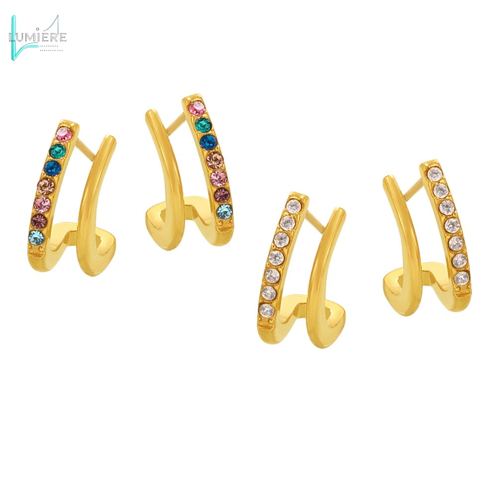 Double layered small C-shaped earrings with inlaid diamonds