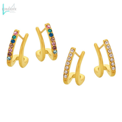 Double layered small C-shaped earrings with inlaid diamonds