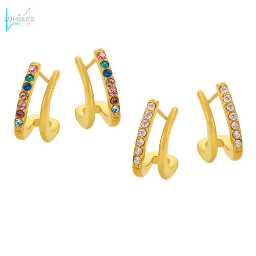 Double layered small C-shaped earrings with inlaid diamonds
