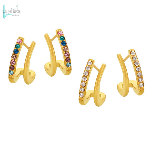 Double layered small C-shaped earrings with inlaid diamonds