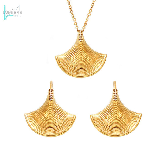 Three dimensional fan-shaped shell zircon pendant necklace earrings
