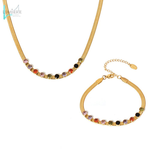 Colorful zircon 18K gold necklace bracelet