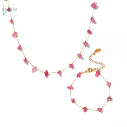 Bohemian style pink natural stone necklace bracelet