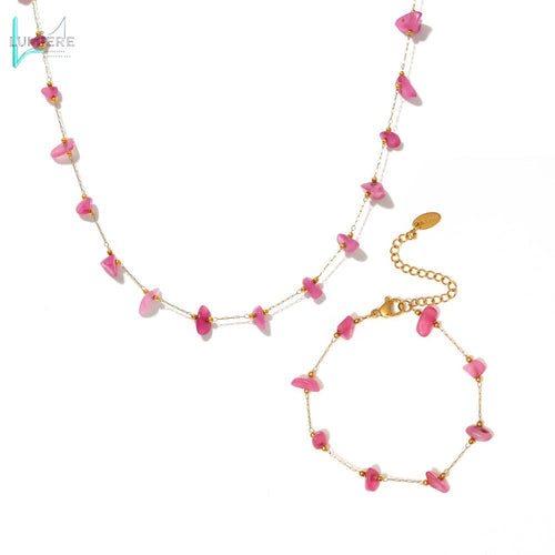 Bohemian style pink natural stone necklace bracelet