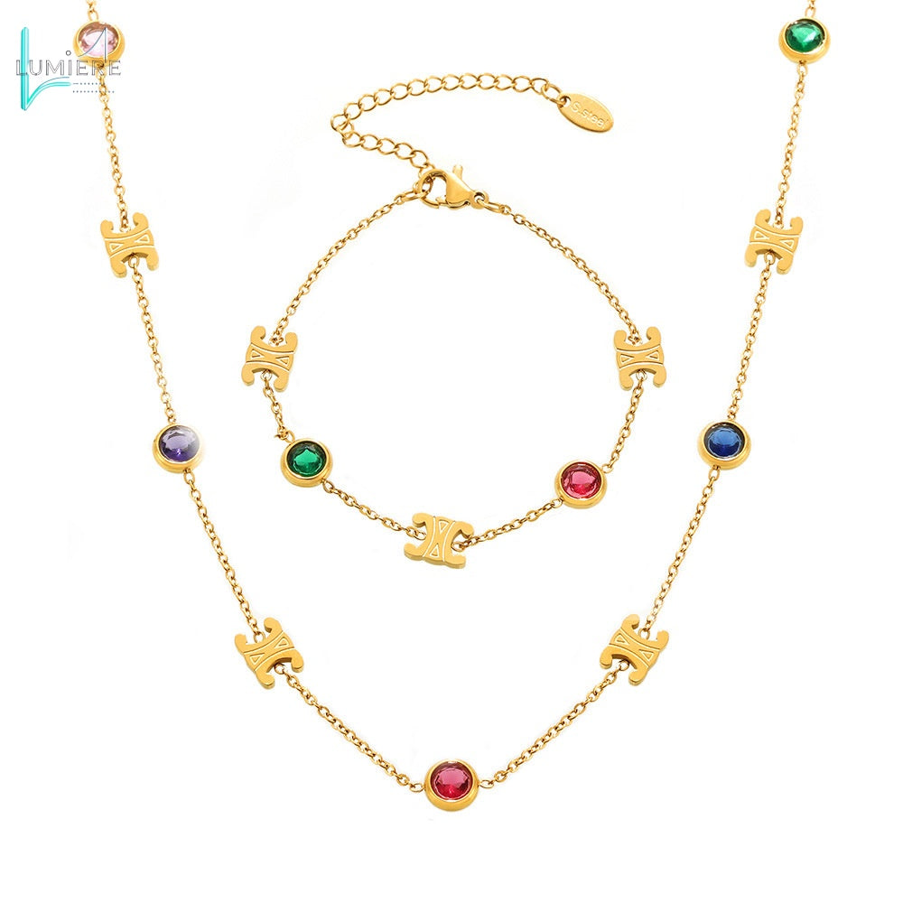 Color PVD electroplated genuine gold stainless steel zircon necklace bracelet set