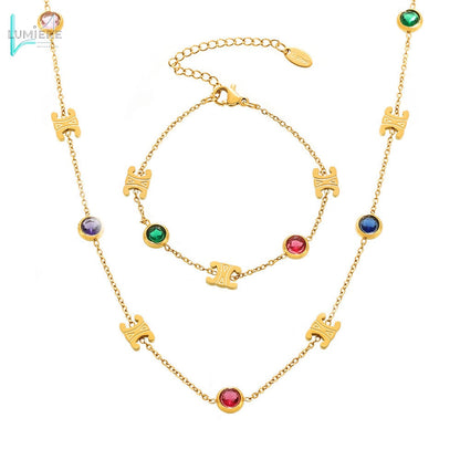 Color PVD electroplated genuine gold stainless steel zircon necklace bracelet set
