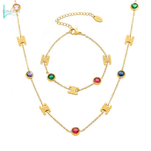 Color PVD electroplated genuine gold stainless steel zircon necklace bracelet set