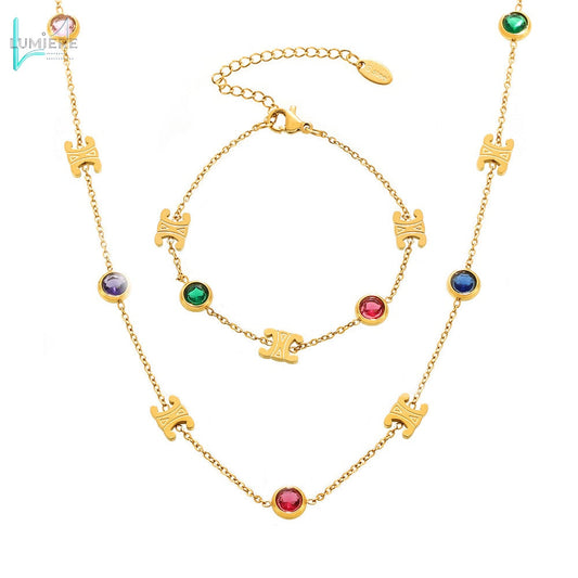 Color PVD electroplated genuine gold stainless steel zircon necklace bracelet set