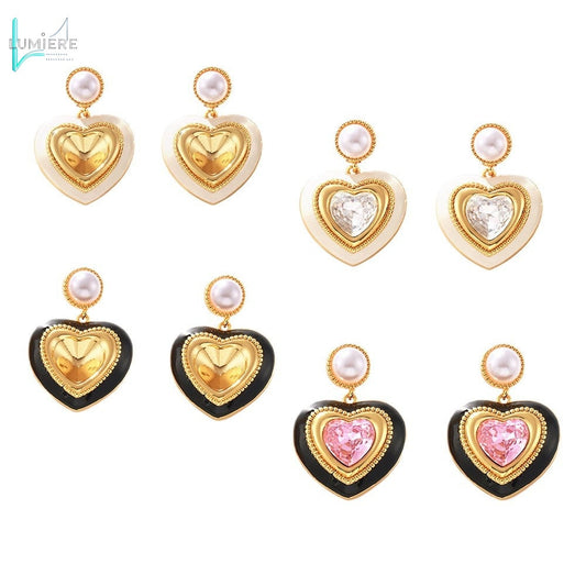 Imitation pearl heart-shaped three-dimensional glass stone full earrings