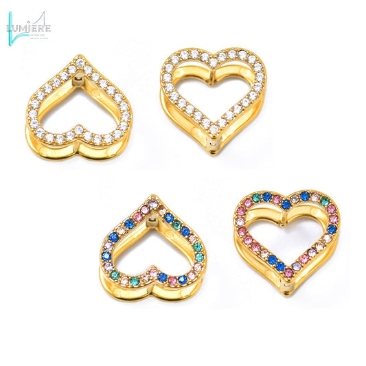 Stainless steel double-sided heart-shaped colored zircon earrings