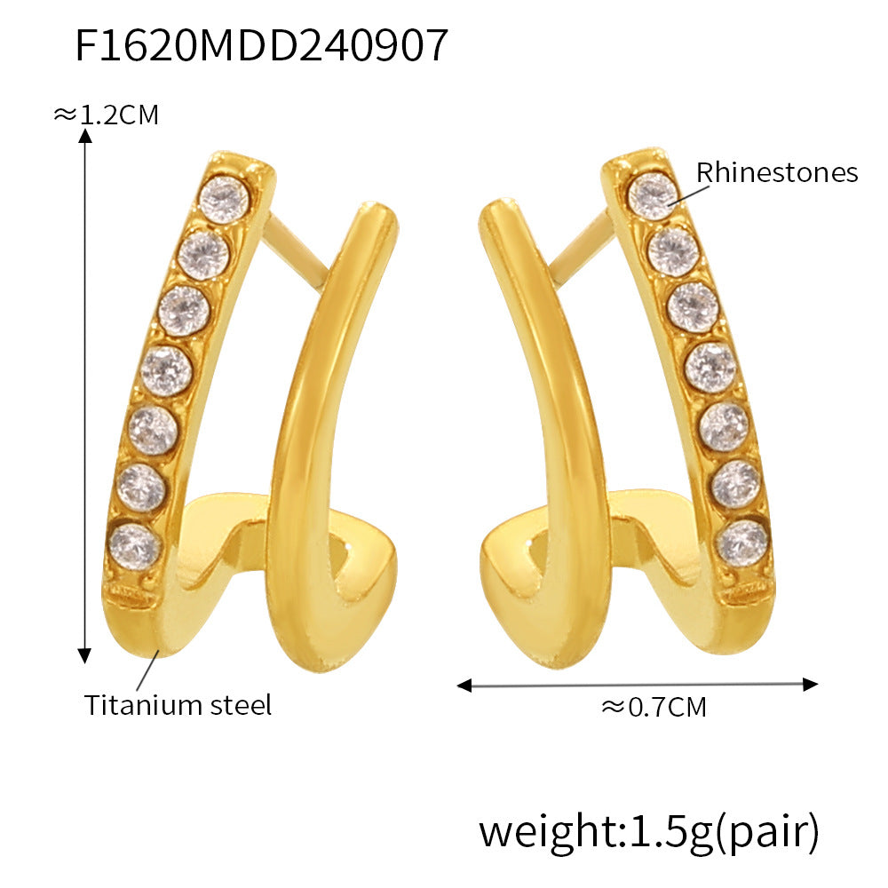 Double layered small C-shaped earrings with inlaid diamonds