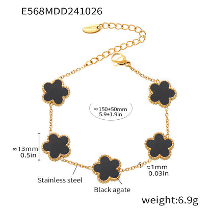 Multi colored agate five leaf flower stainless steel bracelet