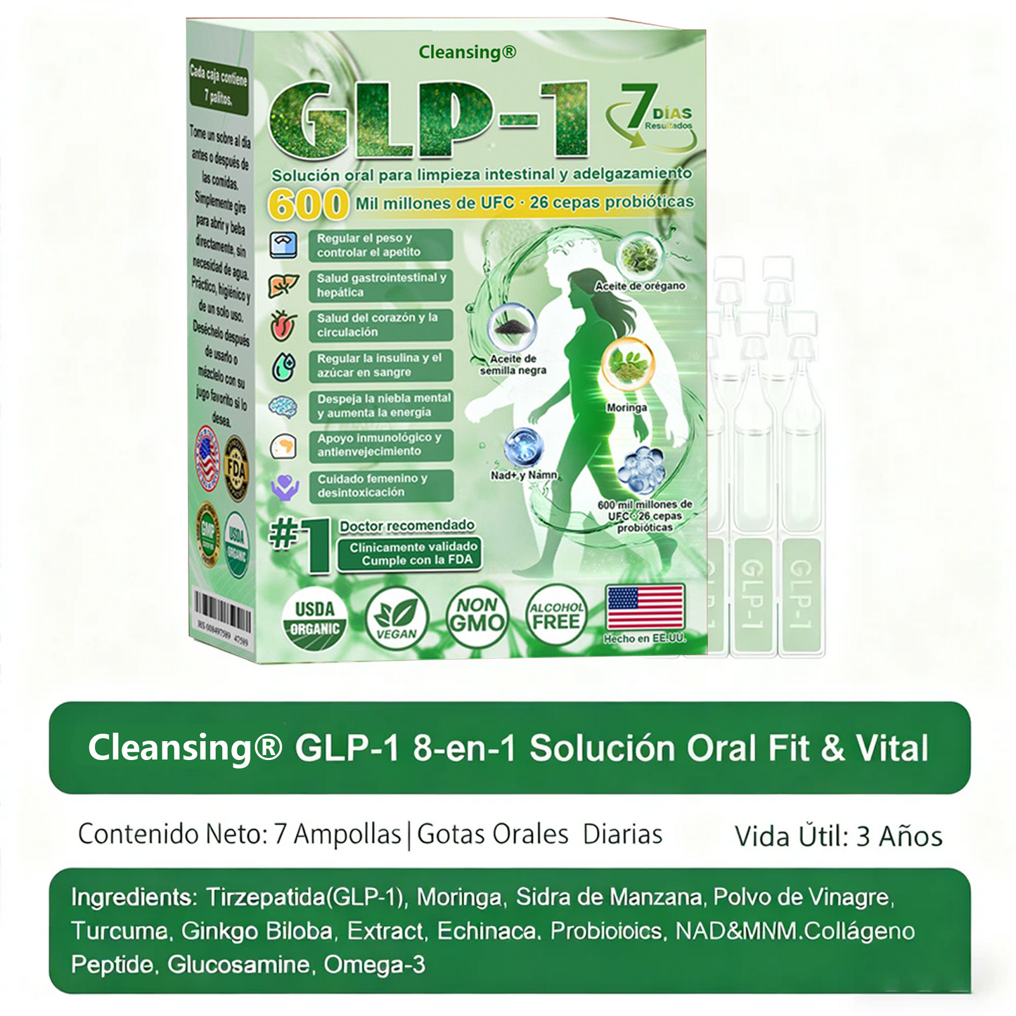 Cleansing® GLP-1 7-Day Intestinal Cleansing and Slimming Oral Liquid contiene 600 mil millones de probióticos vivos para ayudar con el control de peso, la digestión, el aumento de energía y la salud general. Resultados visibles en 7 días.