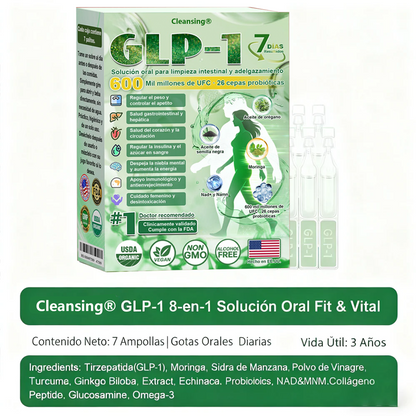 Cleansing® GLP-1 7-Day Intestinal Cleansing and Slimming Oral Liquid contiene 600 mil millones de probióticos vivos para ayudar con el control de peso, la digestión, el aumento de energía y la salud general. Resultados visibles en 7 días.