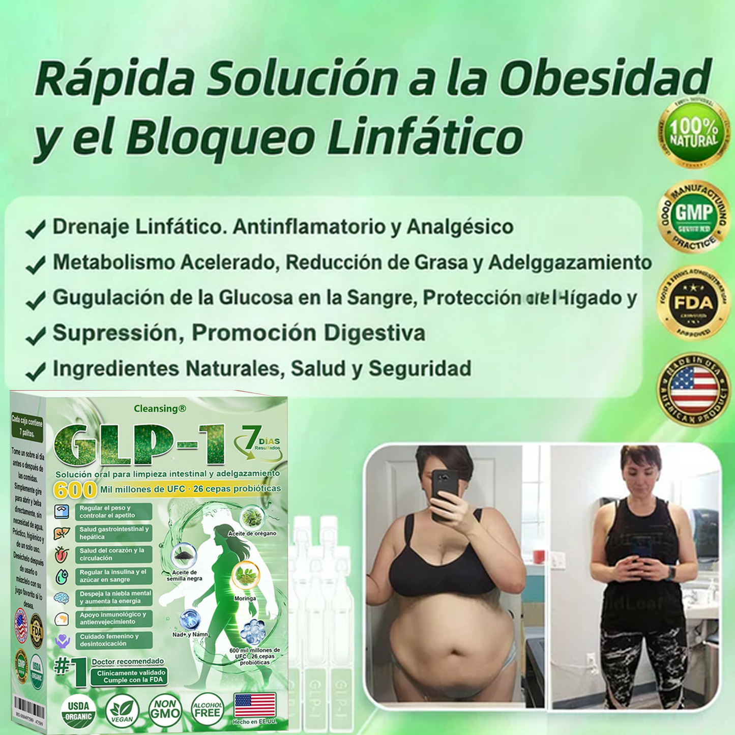 Cleansing® GLP-1 7-Day Intestinal Cleansing and Slimming Oral Liquid contiene 600 mil millones de probióticos vivos para ayudar con el control de peso, la digestión, el aumento de energía y la salud general. Resultados visibles en 7 días.