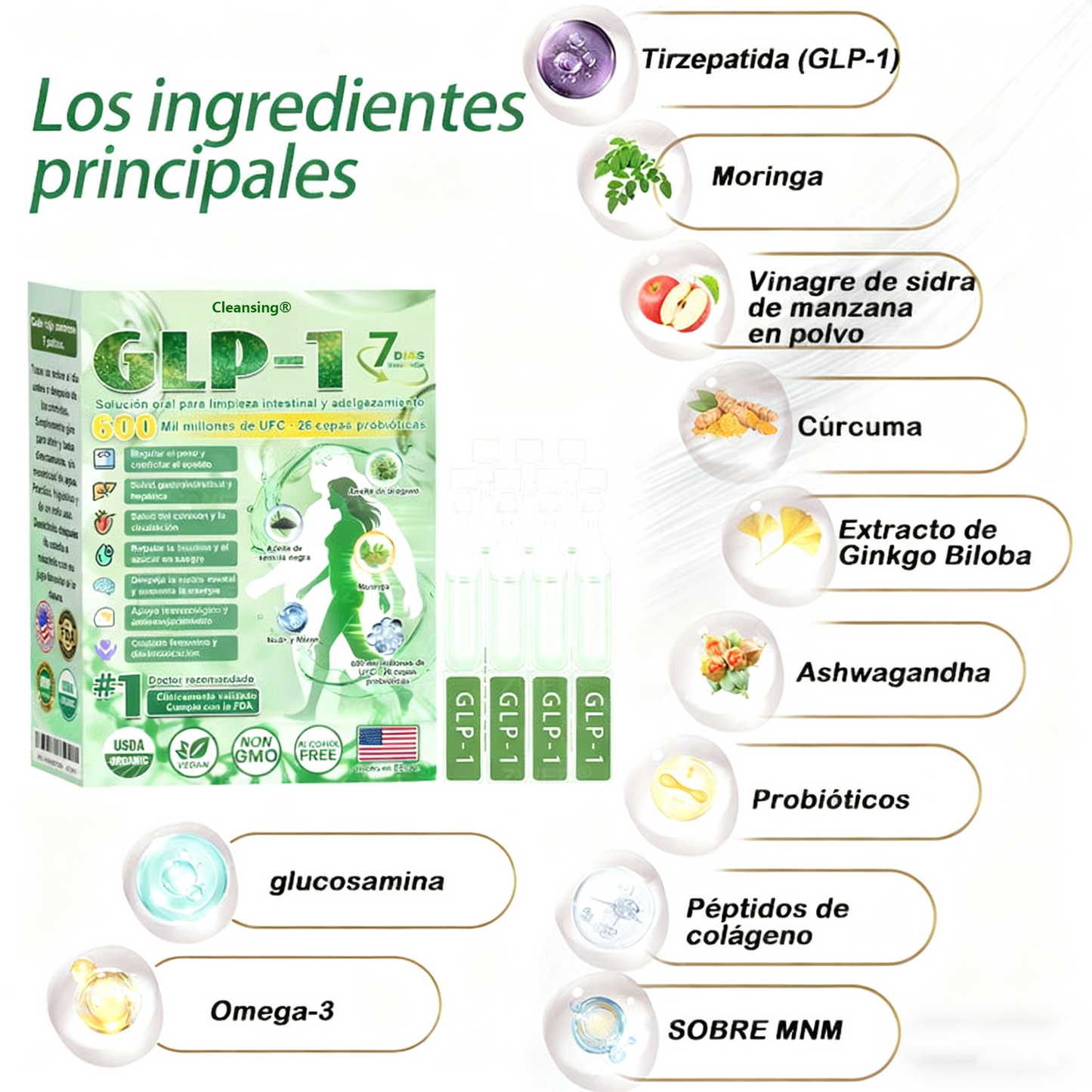 Cleansing® GLP-1 7-Day Intestinal Cleansing and Slimming Oral Liquid contiene 600 mil millones de probióticos vivos para ayudar con el control de peso, la digestión, el aumento de energía y la salud general. Resultados visibles en 7 días.