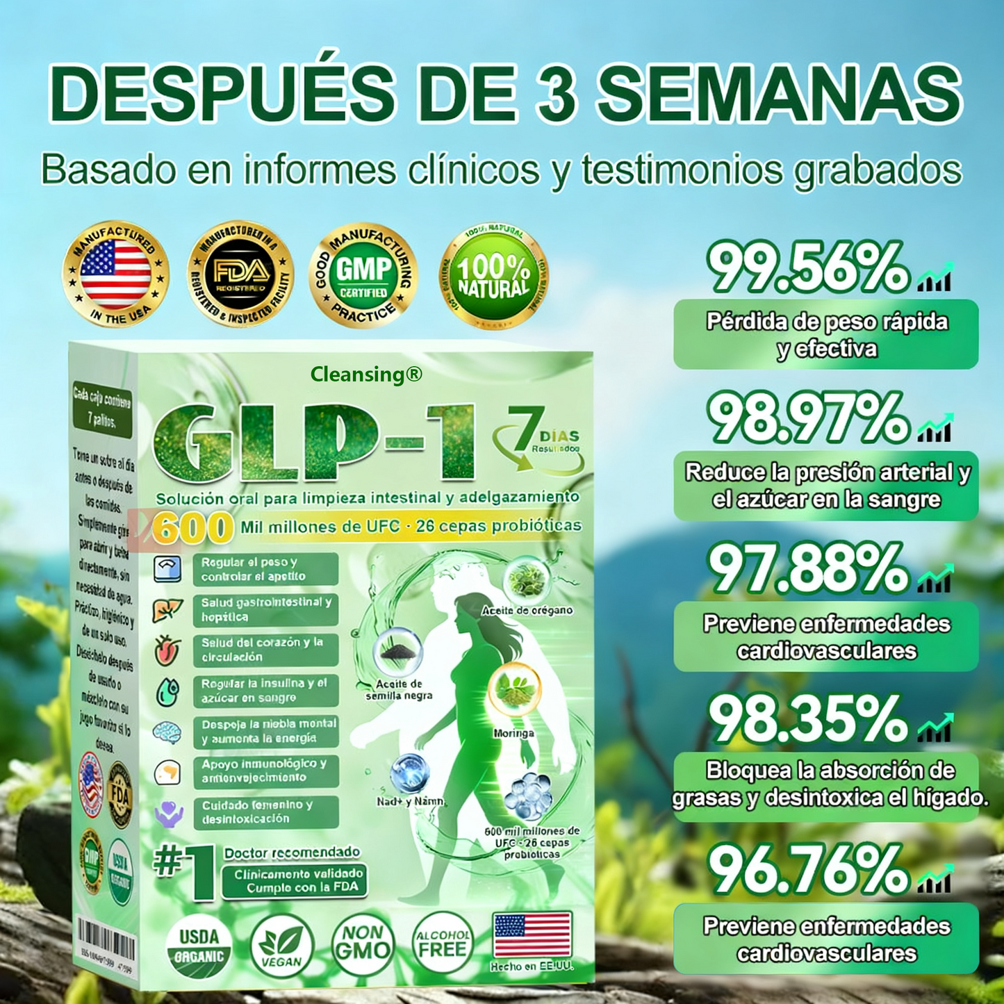 Cleansing® GLP-1 7-Day Intestinal Cleansing and Slimming Oral Liquid contiene 600 mil millones de probióticos vivos para ayudar con el control de peso, la digestión, el aumento de energía y la salud general. Resultados visibles en 7 días.
