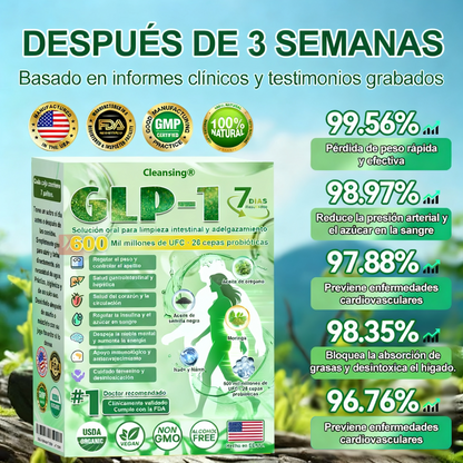 Cleansing® GLP-1 7-Day Intestinal Cleansing and Slimming Oral Liquid contiene 600 mil millones de probióticos vivos para ayudar con el control de peso, la digestión, el aumento de energía y la salud general. Resultados visibles en 7 días.