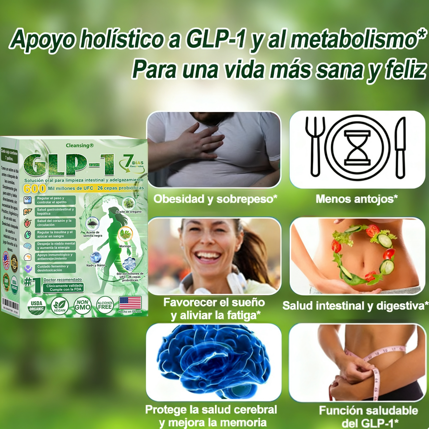 Cleansing® GLP-1 7-Day Intestinal Cleansing and Slimming Oral Liquid contiene 600 mil millones de probióticos vivos para ayudar con el control de peso, la digestión, el aumento de energía y la salud general. Resultados visibles en 7 días.